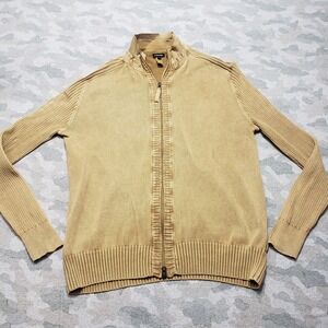 J Peterman Cardigan Sweater Mens Large Gold Full Zip Mock Neck Long Sleeve